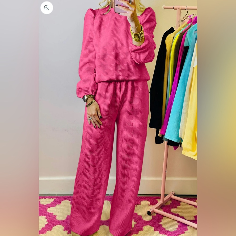 Rose Red Textured Puff Sleeve Top and Pants Set